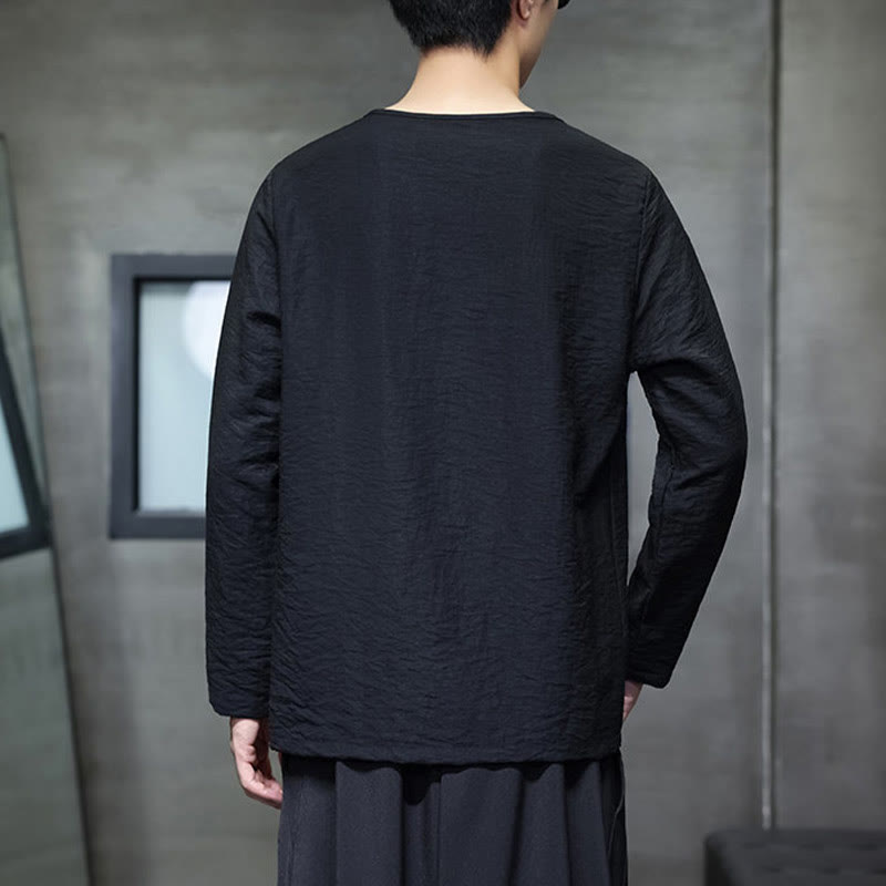 Solid Color Loose Long Sleeve Round Neck Cotton Men's Shirts