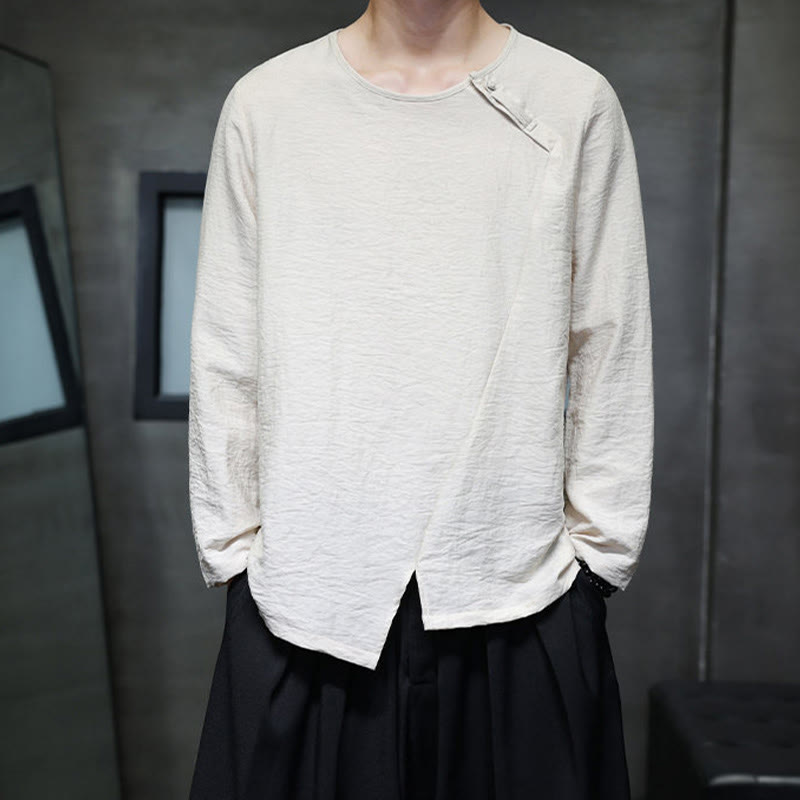 Solid Color Loose Long Sleeve Round Neck Cotton Men's Shirts