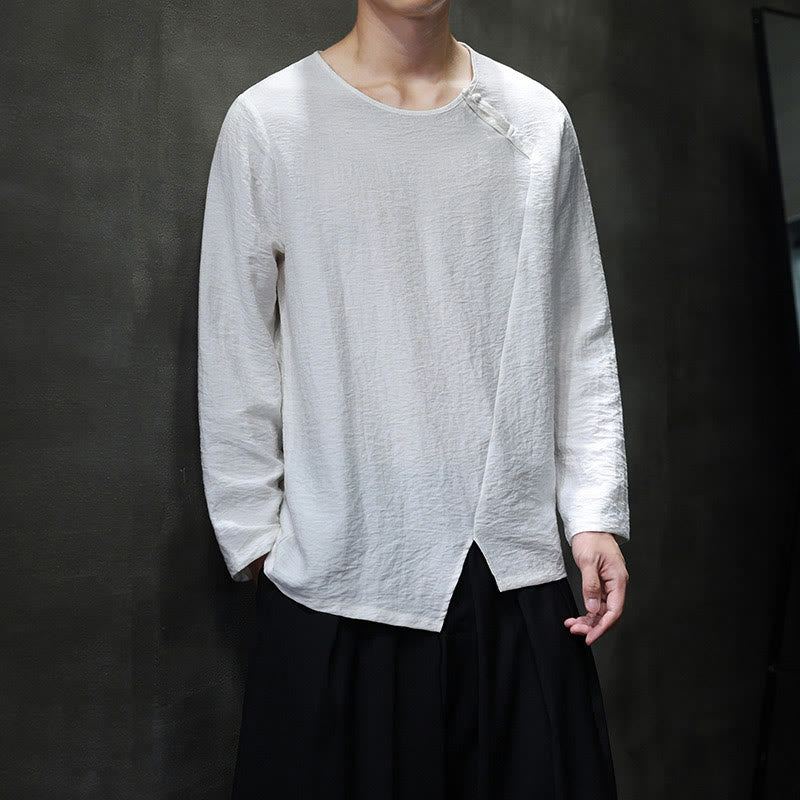 Solid Color Loose Long Sleeve Round Neck Cotton Men's Shirts