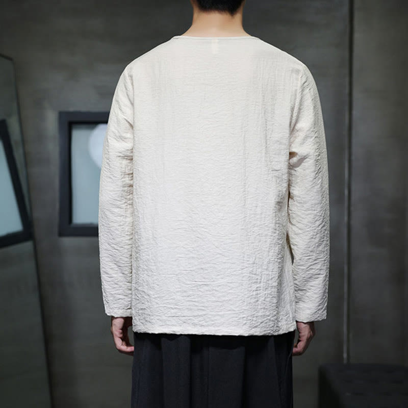 Solid Color Loose Long Sleeve Round Neck Cotton Men's Shirts
