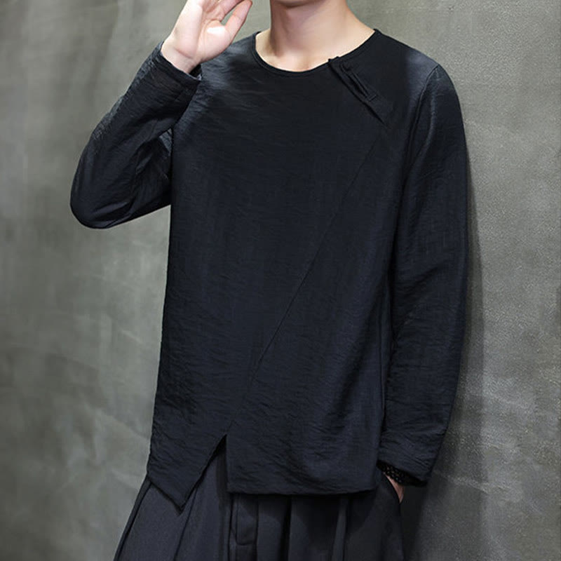 Solid Color Loose Long Sleeve Round Neck Cotton Men's Shirts