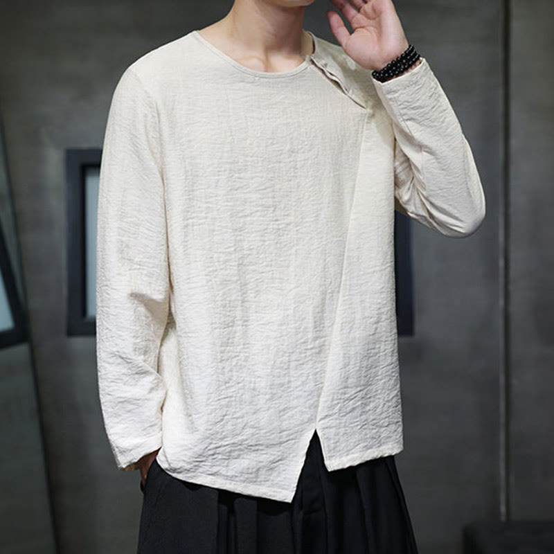 Solid Color Loose Long Sleeve Round Neck Cotton Men's Shirts