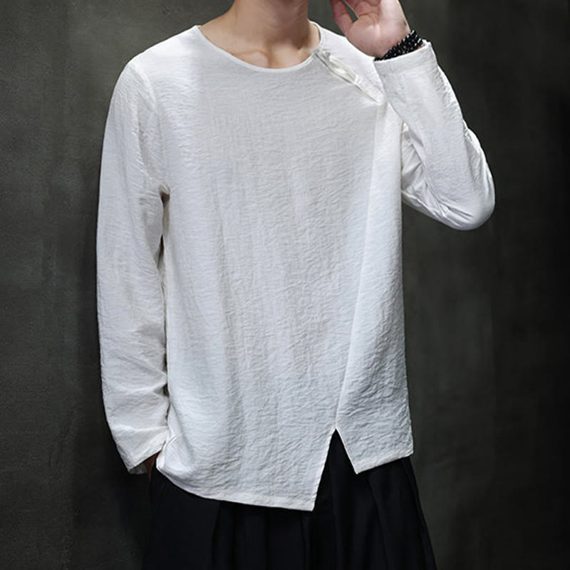 Solid Color Loose Long Sleeve Round Neck Cotton Men's Shirts