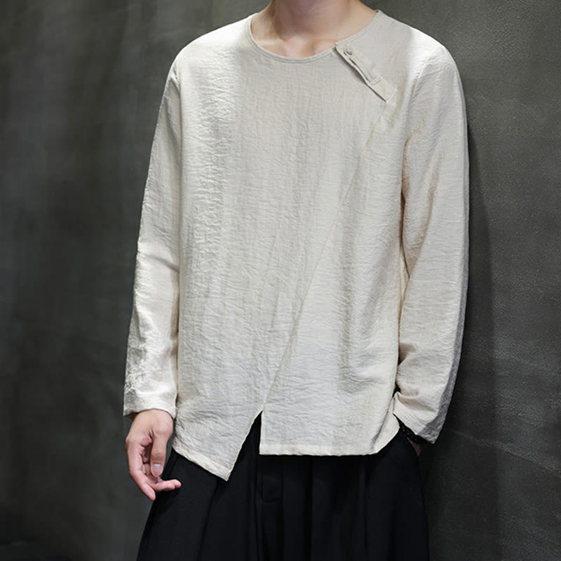 Solid Color Loose Long Sleeve Round Neck Cotton Men's Shirts