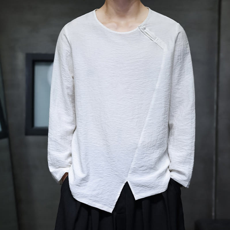 Solid Color Loose Long Sleeve Round Neck Cotton Men's Shirts