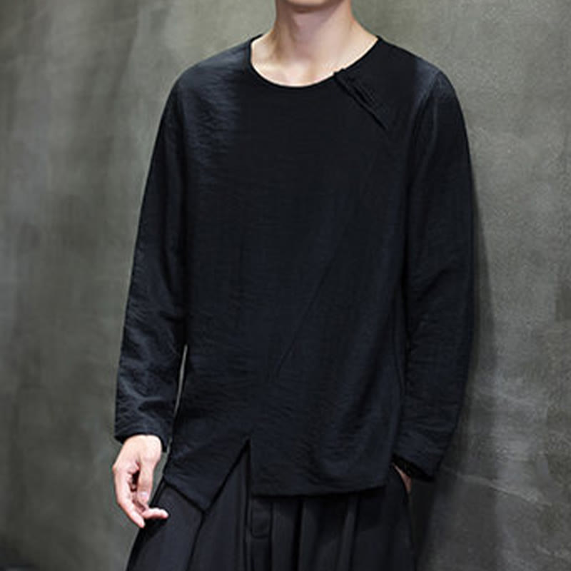 Solid Color Loose Long Sleeve Round Neck Cotton Men's Shirts