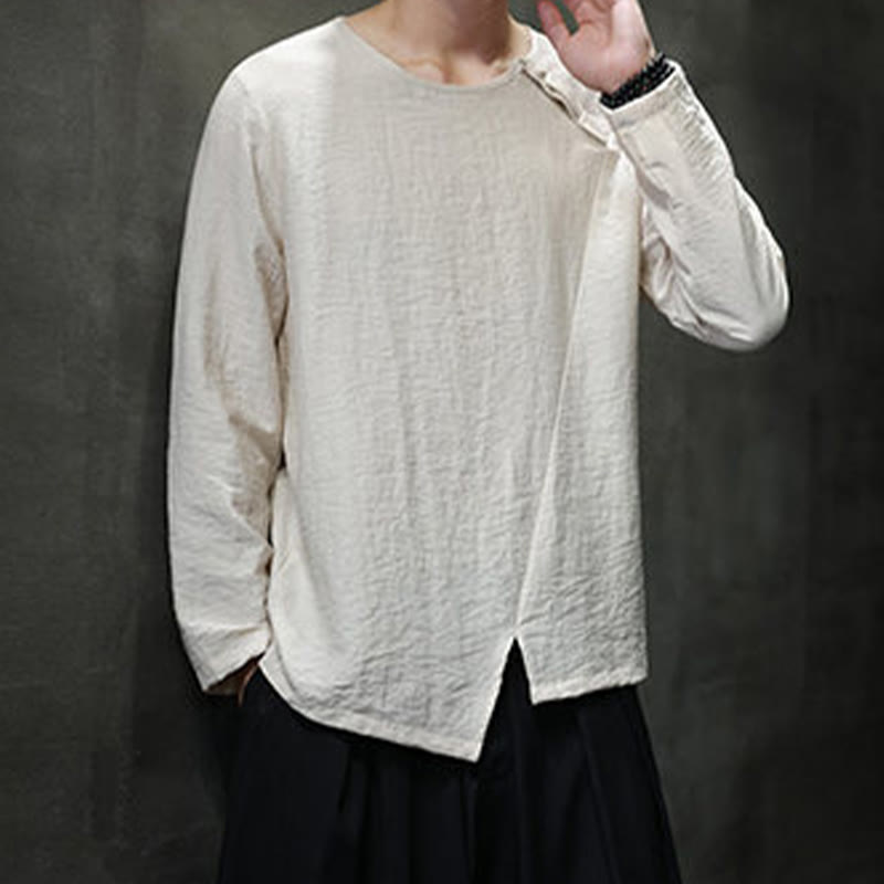 Solid Color Loose Long Sleeve Round Neck Cotton Men's Shirts