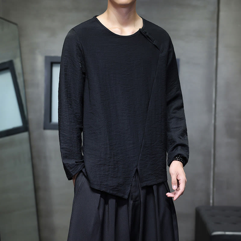 Solid Color Loose Long Sleeve Round Neck Cotton Men's Shirts
