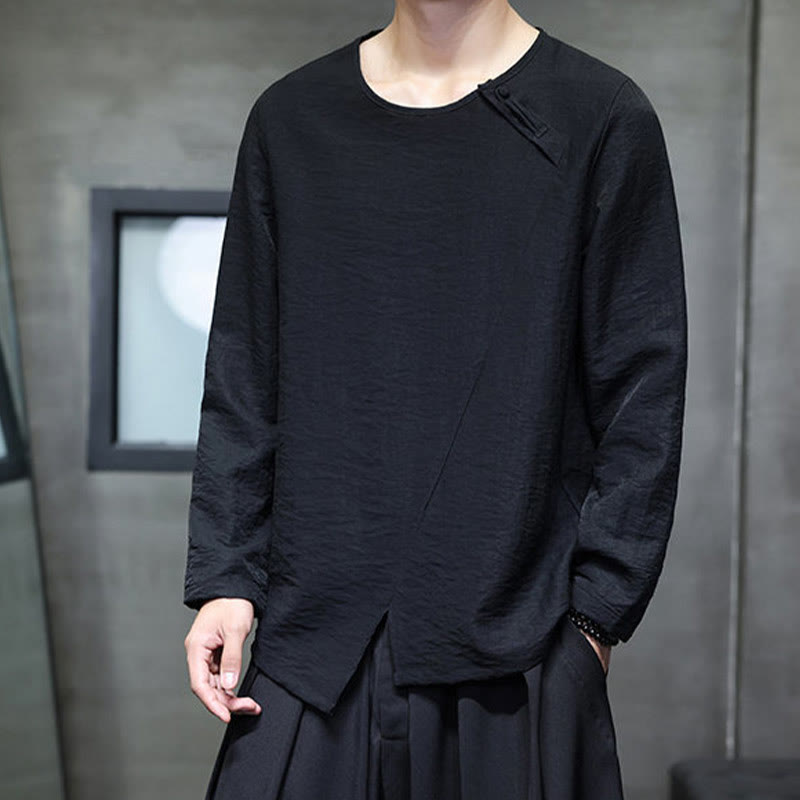Solid Color Loose Long Sleeve Round Neck Cotton Men's Shirts