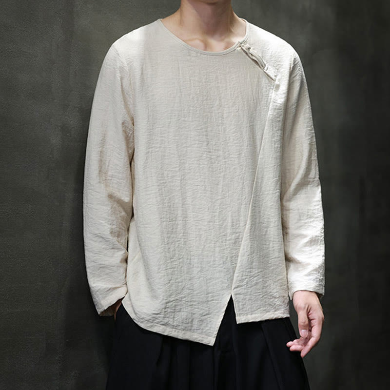 Solid Color Loose Long Sleeve Round Neck Cotton Men's Shirts