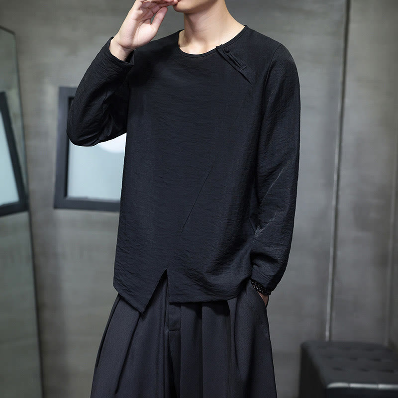 Solid Color Loose Long Sleeve Round Neck Cotton Men's Shirts