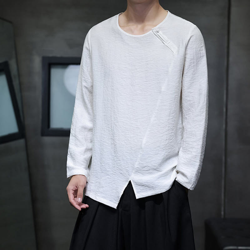 Solid Color Loose Long Sleeve Round Neck Cotton Men's Shirts