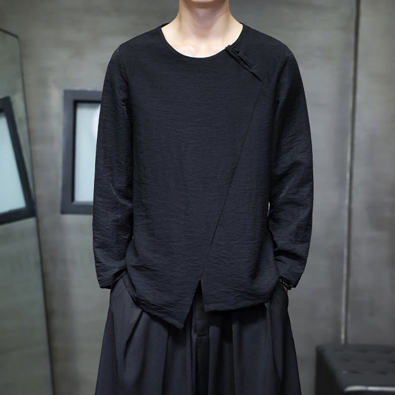 Solid Color Loose Long Sleeve Round Neck Cotton Men's Shirts