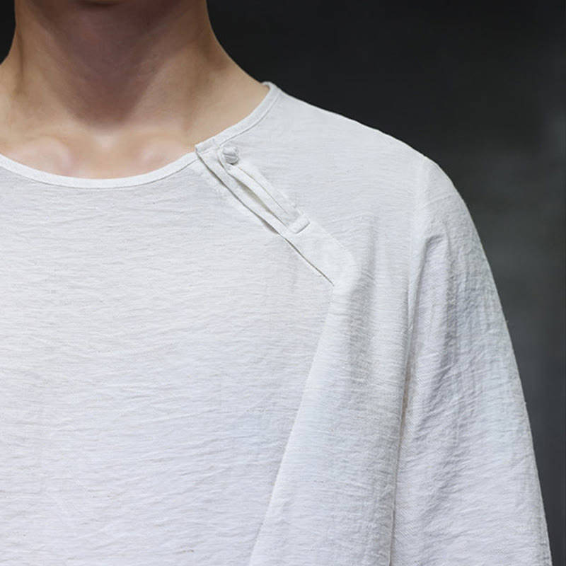 Solid Color Loose Long Sleeve Round Neck Cotton Men's Shirts