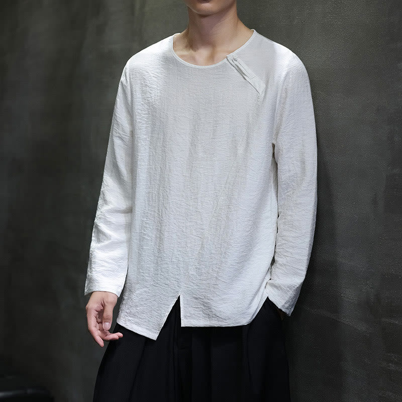 Solid Color Loose Long Sleeve Round Neck Cotton Men's Shirts