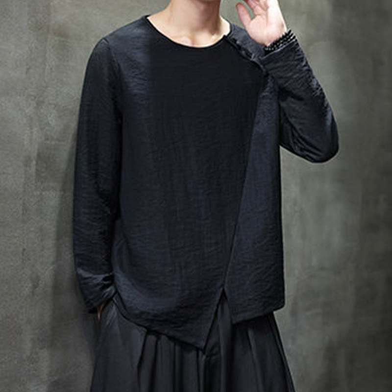 Solid Color Loose Long Sleeve Round Neck Cotton Men's Shirts