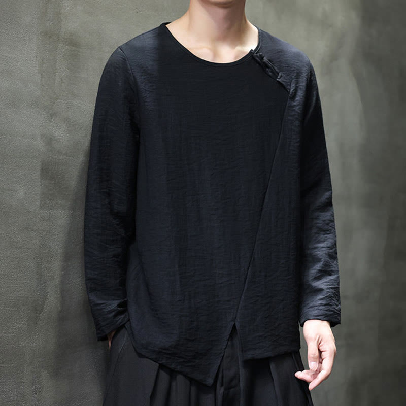 Solid Color Loose Long Sleeve Round Neck Cotton Men's Shirts