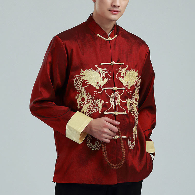 Embroider Dragon Turned Sleeves Casual Frog-button Polyester Fiber Men's Jacket Shirt Pants Clothing