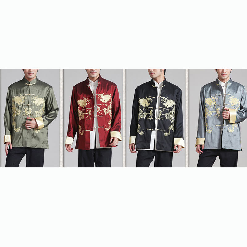 Embroider Dragon Turned Sleeves Casual Frog-button Polyester Fiber Men's Jacket Shirt Pants Clothing