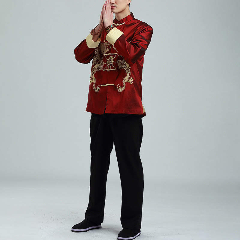 Embroider Dragon Turned Sleeves Casual Frog-button Polyester Fiber Men's Jacket Shirt Pants Clothing
