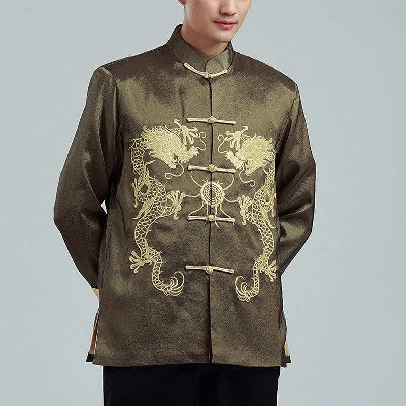 Embroider Dragon Turned Sleeves Casual Frog-button Polyester Fiber Men's Jacket Shirt Pants Clothing