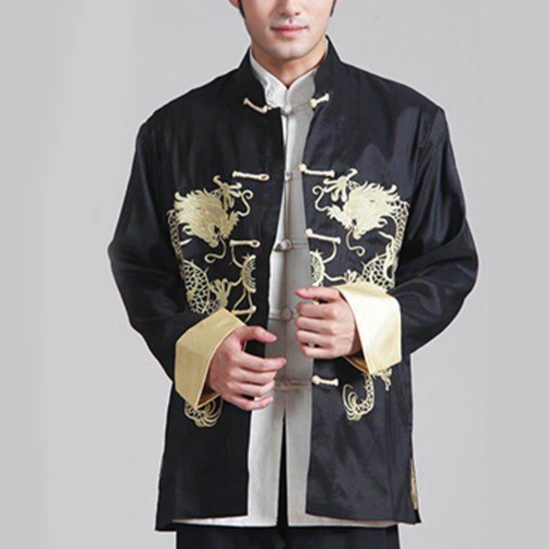 Embroider Dragon Turned Sleeves Casual Frog-button Polyester Fiber Men's Jacket Shirt Pants Clothing