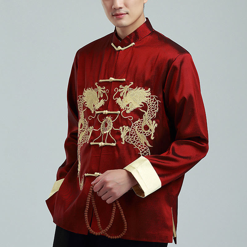 Embroider Dragon Turned Sleeves Casual Frog-button Polyester Fiber Men's Jacket Shirt Pants Clothing