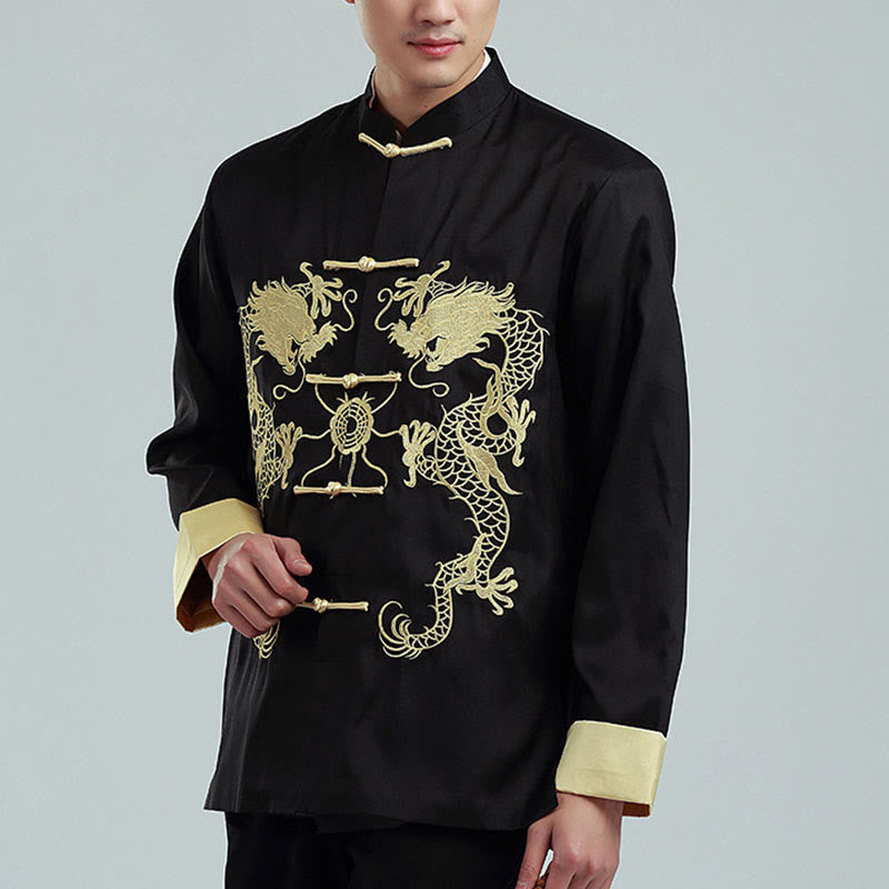 Embroider Dragon Turned Sleeves Casual Frog-button Polyester Fiber Men's Jacket Shirt Pants Clothing