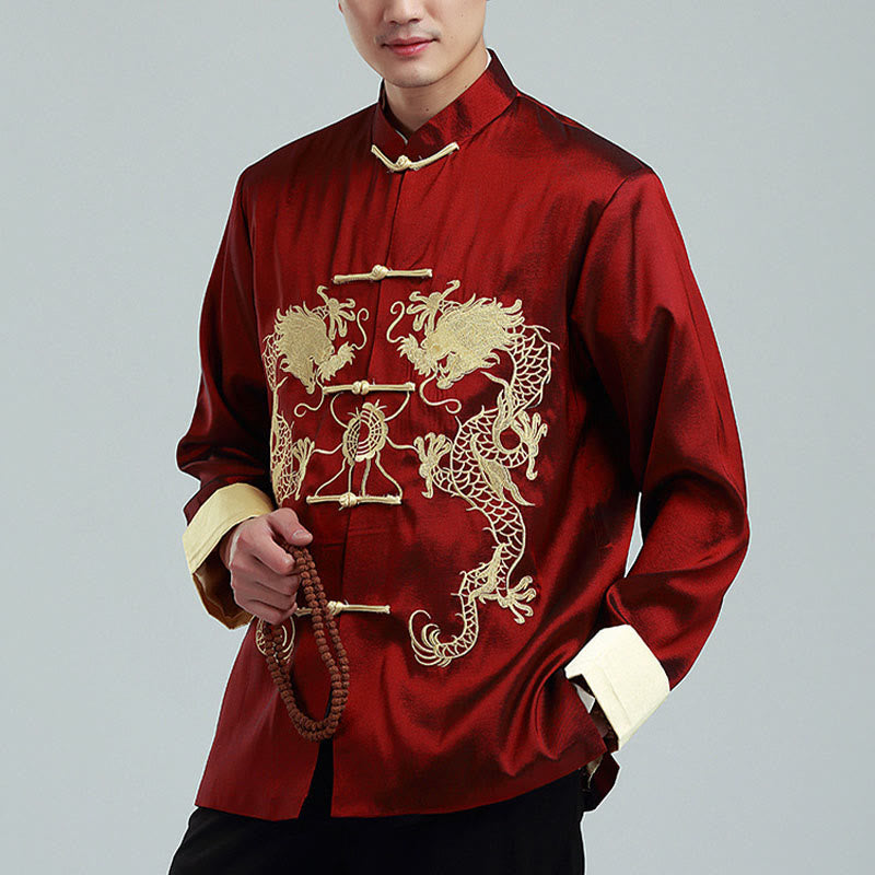 Embroider Dragon Turned Sleeves Casual Frog-button Polyester Fiber Men's Jacket Shirt Pants Clothing