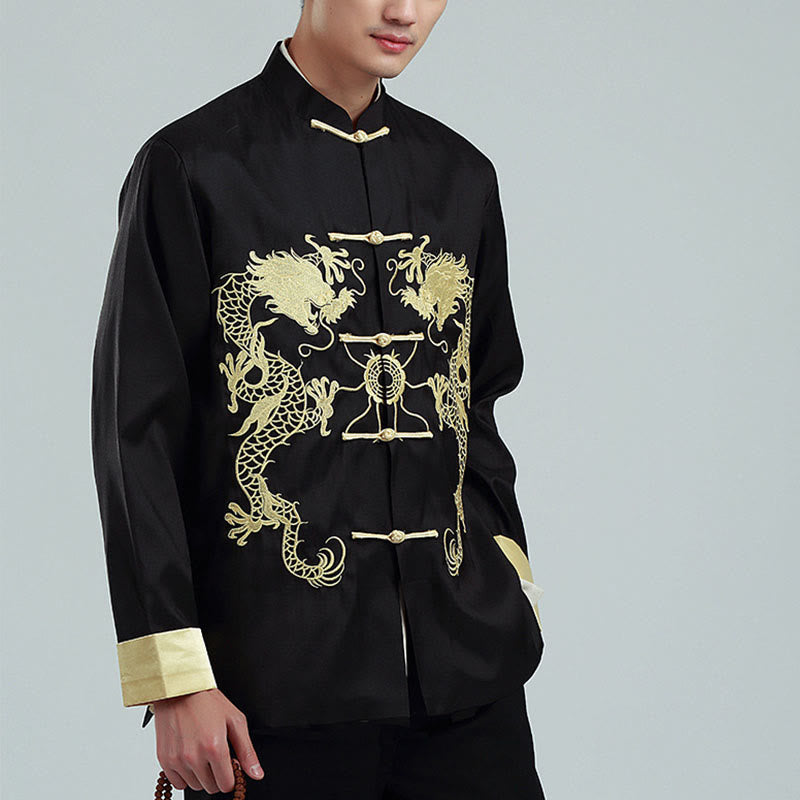 Embroider Dragon Turned Sleeves Casual Frog-button Polyester Fiber Men's Jacket Shirt Pants Clothing