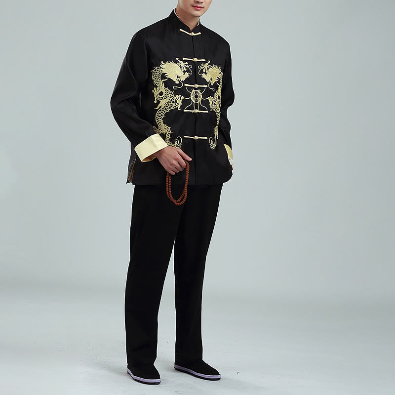Embroider Dragon Turned Sleeves Casual Frog-button Polyester Fiber Men's Jacket Shirt Pants Clothing