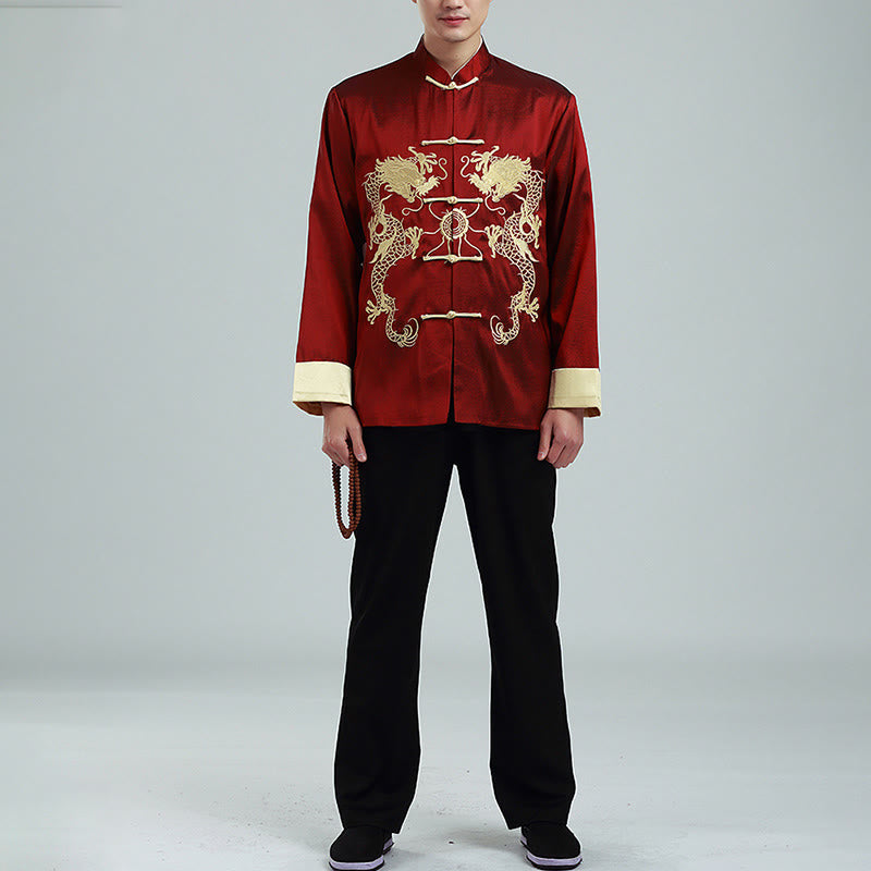 Embroider Dragon Turned Sleeves Casual Frog-button Polyester Fiber Men's Jacket Shirt Pants Clothing