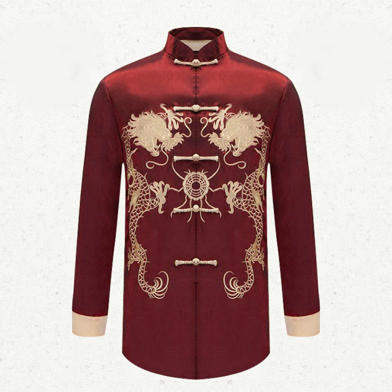 Embroider Dragon Turned Sleeves Casual Frog-button Polyester Fiber Men's Jacket Shirt Pants Clothing