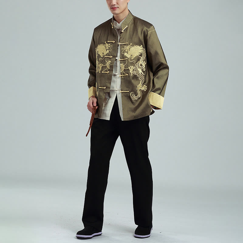 Embroider Dragon Turned Sleeves Casual Frog-button Polyester Fiber Men's Jacket Shirt Pants Clothing