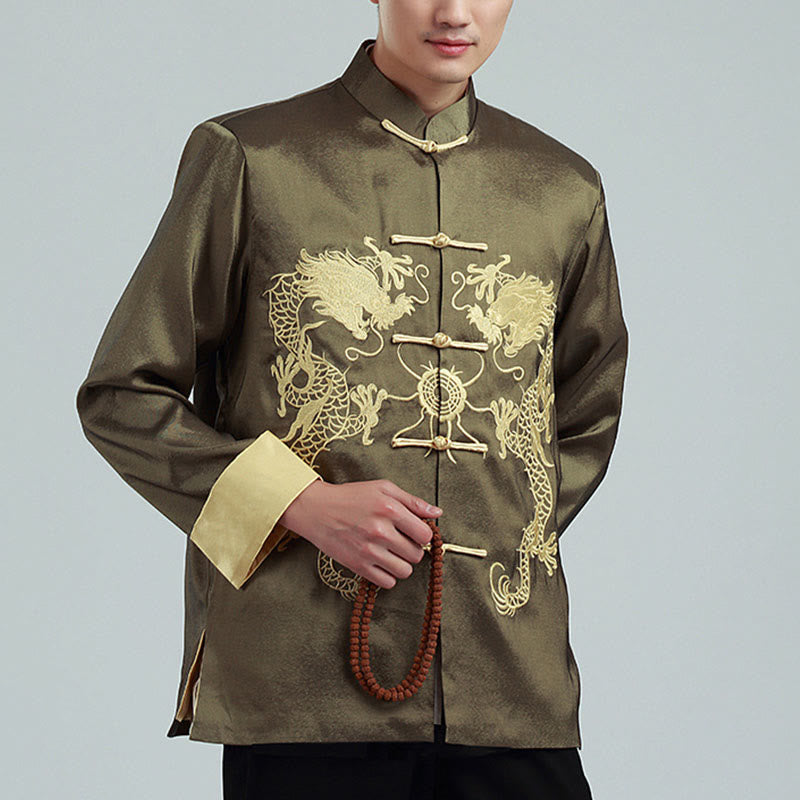 Embroider Dragon Turned Sleeves Casual Frog-button Polyester Fiber Men's Jacket Shirt Pants Clothing