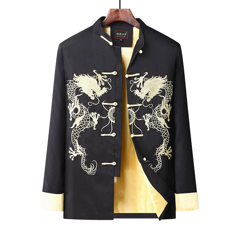 Embroider Dragon Turned Sleeves Casual Frog-button Polyester Fiber Men's Jacket Shirt Pants Clothing