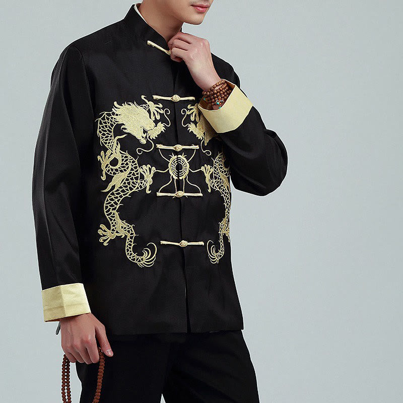 Embroider Dragon Turned Sleeves Casual Frog-button Polyester Fiber Men's Jacket Shirt Pants Clothing