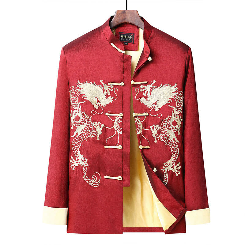 Embroider Dragon Turned Sleeves Casual Frog-button Polyester Fiber Men's Jacket Shirt Pants Clothing