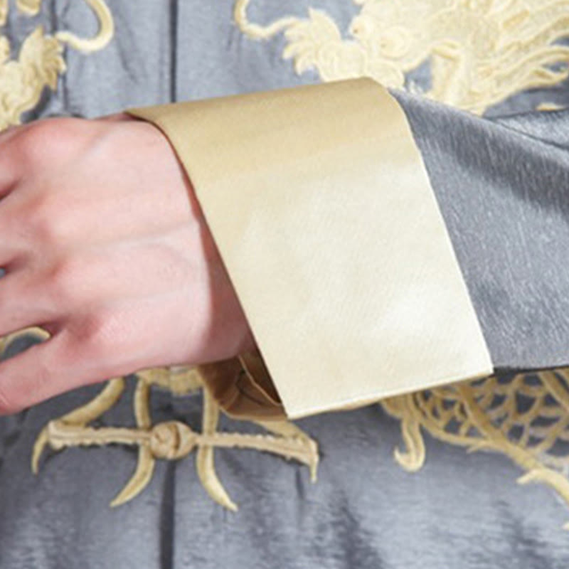 Embroider Dragon Turned Sleeves Casual Frog-button Polyester Fiber Men's Jacket Shirt Pants Clothing