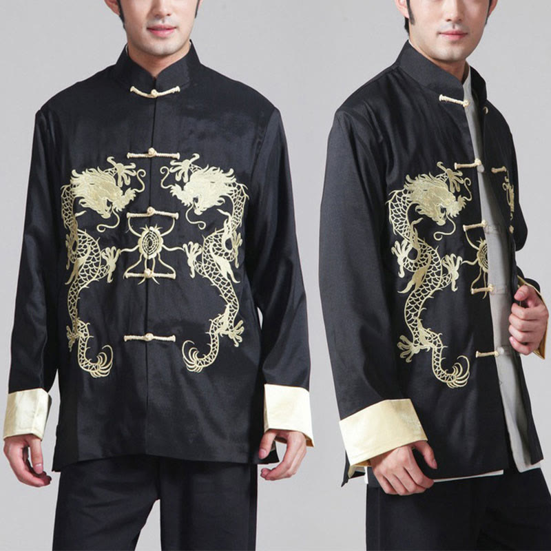 Embroider Dragon Turned Sleeves Casual Frog-button Polyester Fiber Men's Jacket Shirt Pants Clothing
