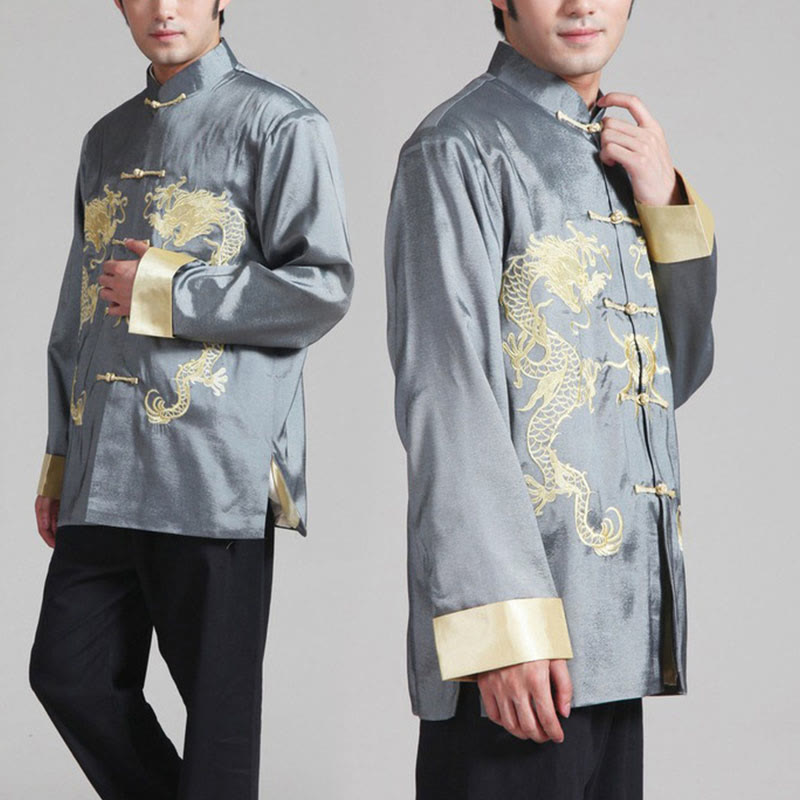 Embroider Dragon Turned Sleeves Casual Frog-button Polyester Fiber Men's Jacket Shirt Pants Clothing