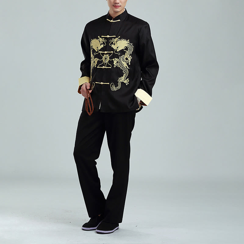 Embroider Dragon Turned Sleeves Casual Frog-button Polyester Fiber Men's Jacket Shirt Pants Clothing