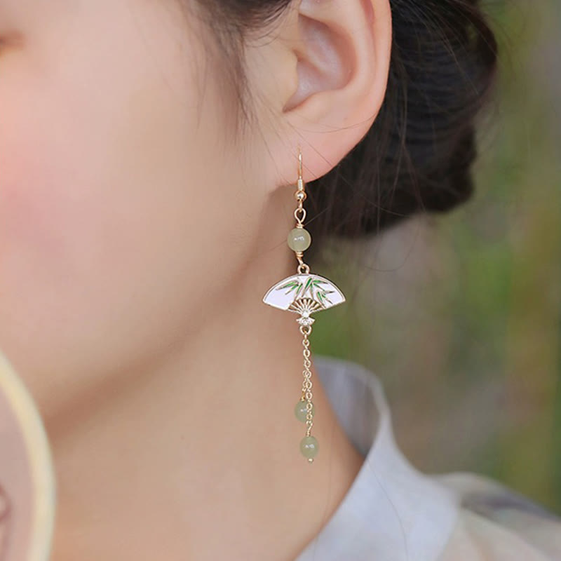 14K Gold Filled Copper Jade Bamboo Fan Dangle Earrings