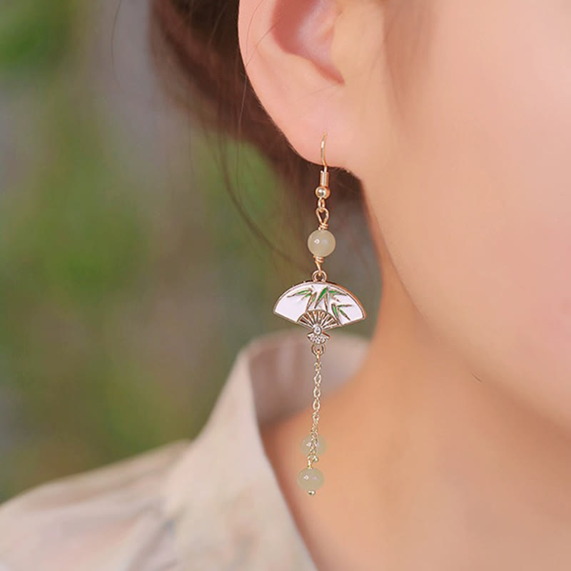 14K Gold Filled Copper Jade Bamboo Fan Dangle Earrings