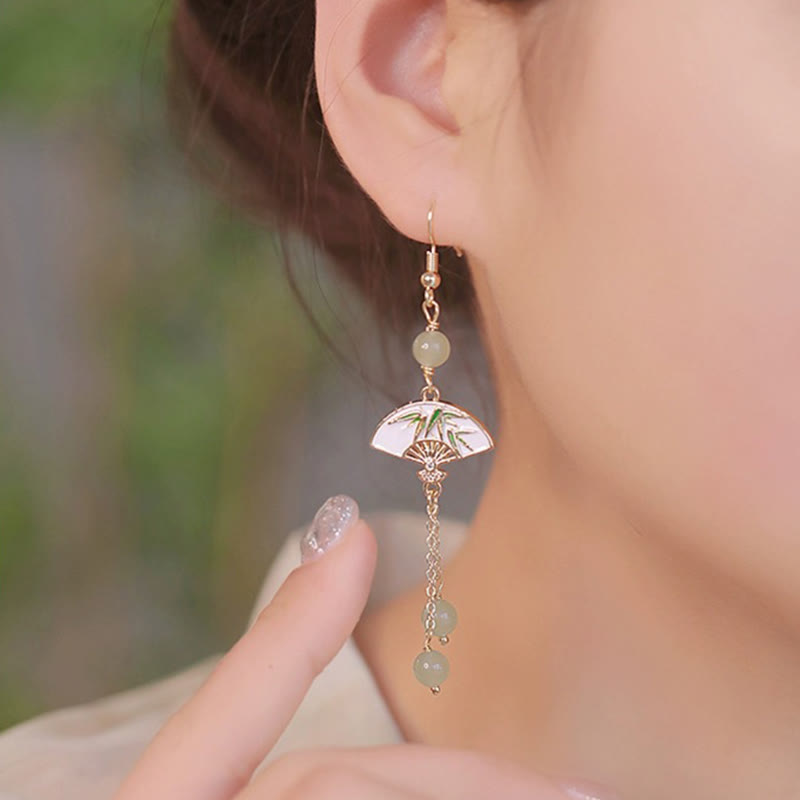 14K Gold Filled Copper Jade Bamboo Fan Dangle Earrings