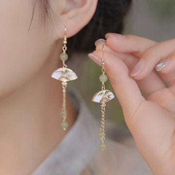 14K Gold Filled Copper Jade Bamboo Fan Dangle Earrings