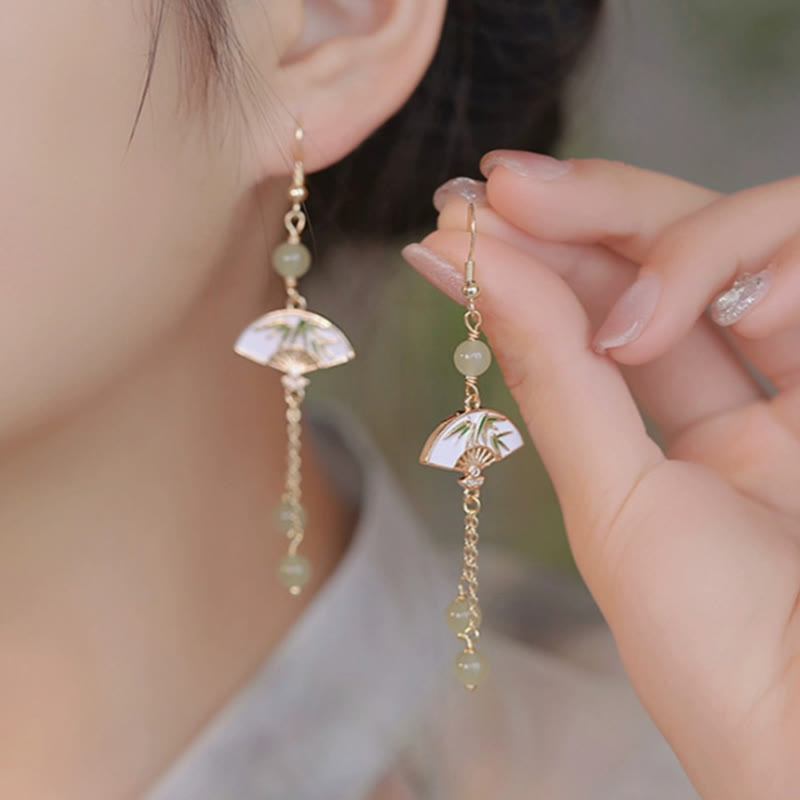 14K Gold Filled Copper Jade Bamboo Fan Dangle Earrings