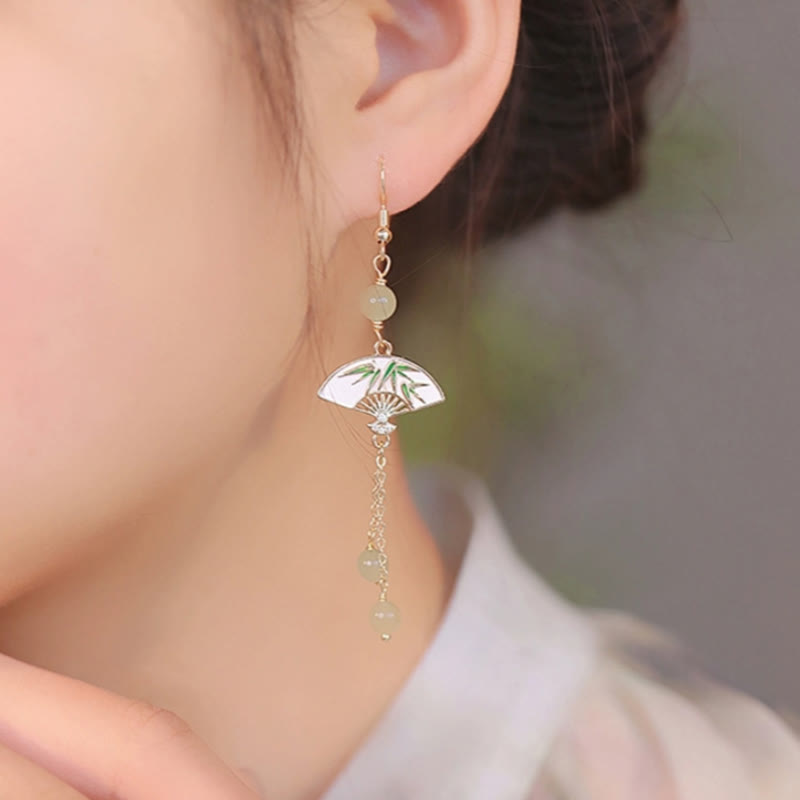 14K Gold Filled Copper Jade Bamboo Fan Dangle Earrings