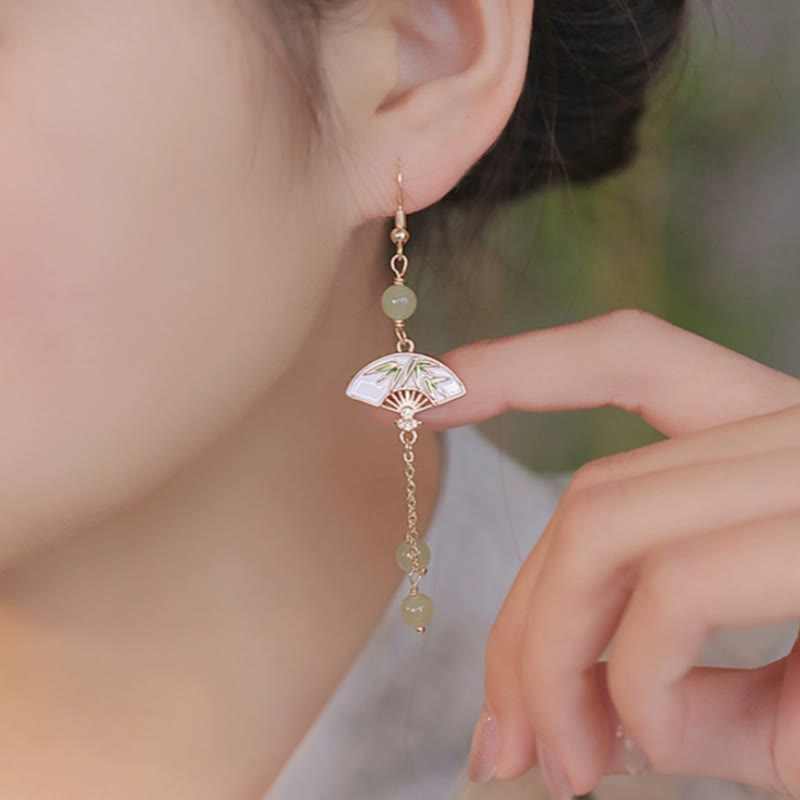 14K Gold Filled Copper Jade Bamboo Fan Dangle Earrings