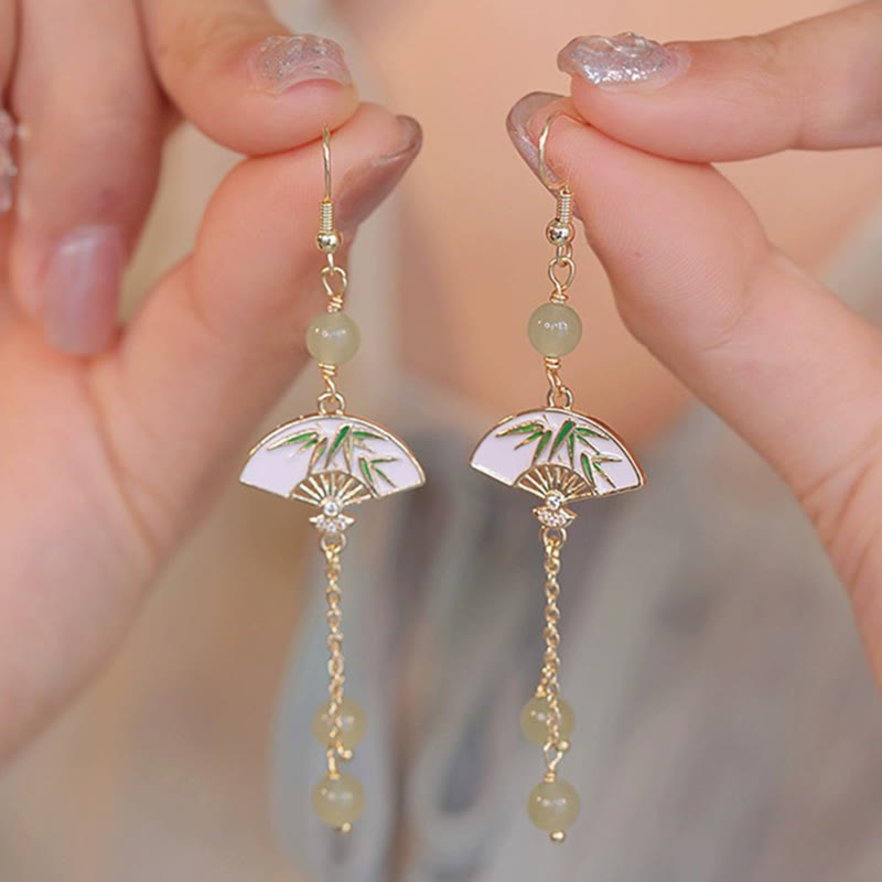 14K Gold Filled Copper Jade Bamboo Fan Dangle Earrings
